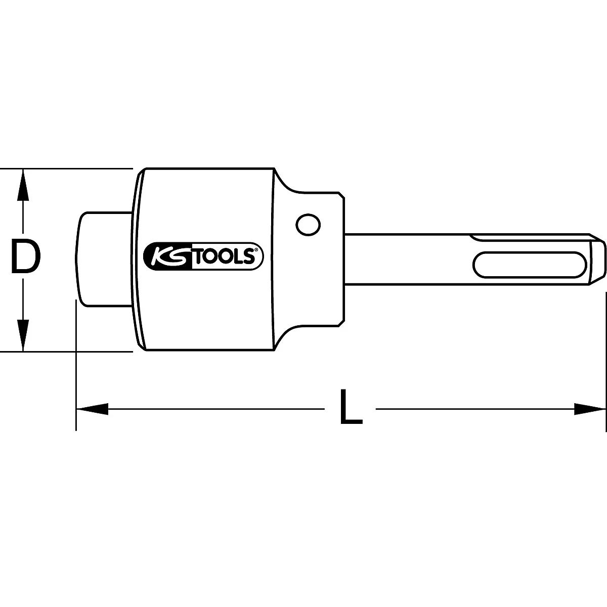 Technische Zeichnung eines Werkzeugs mit "KS TOOLS"-Logo. Das Werkzeug hat die Form eines länglichen Adapters mit Massen.